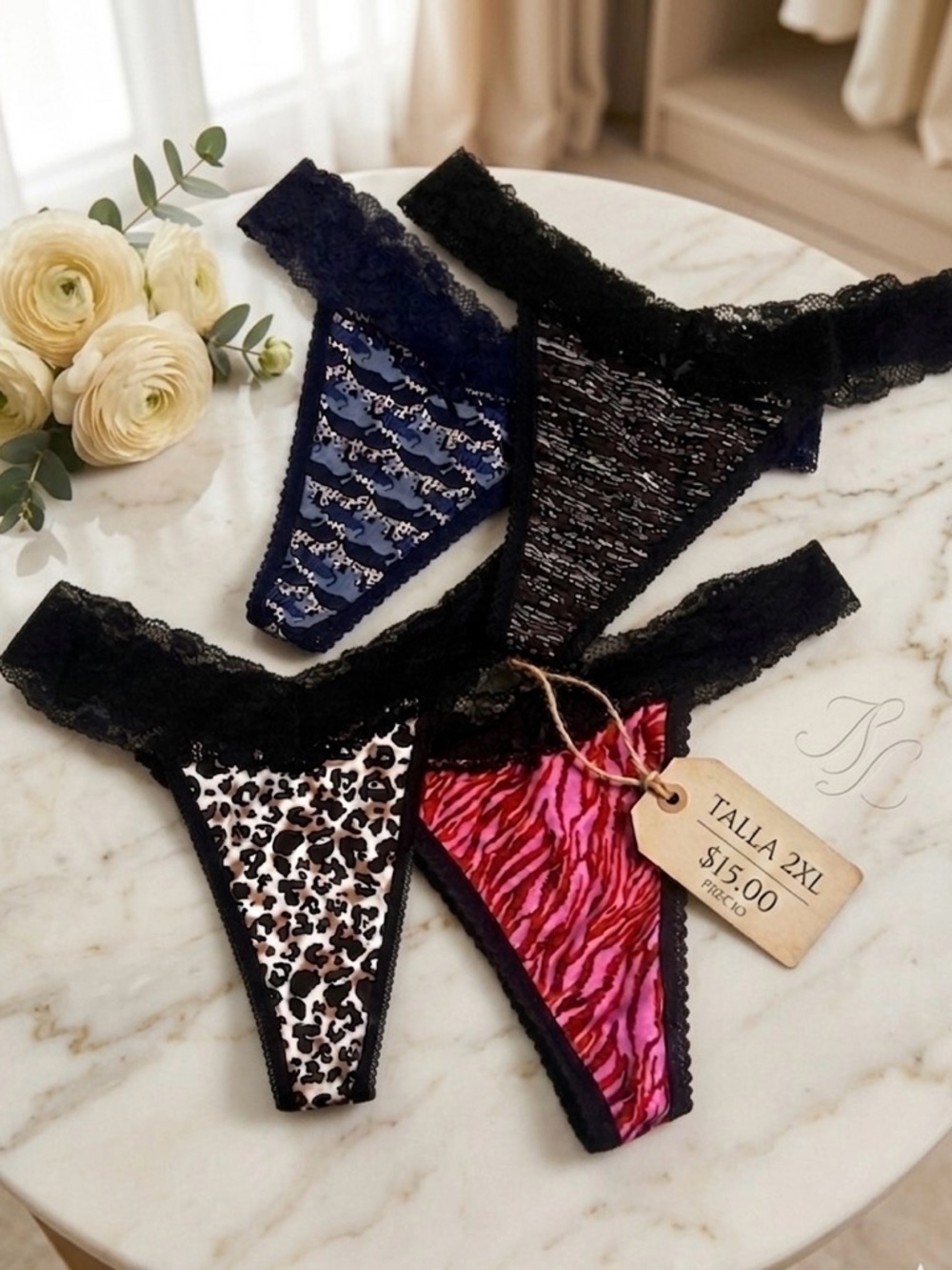 Amazon Black Lace Thong Panties Set with Patterned Fronts